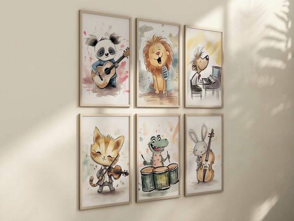 Kit 6 Quadros Decorativos Moldura Animais Musicais A4