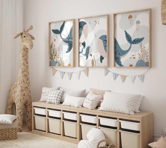 Kit 3 Quadros Decorativo Moldura Baleia Quarto Infantil Bebê