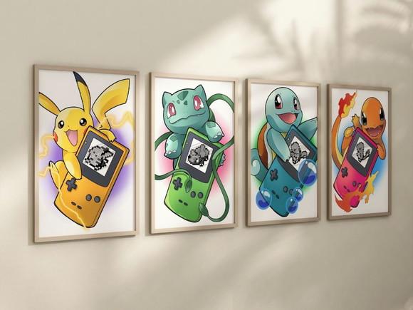 Kit 4 Quadros Decorativos Moldura Pokémon Game Boy A4