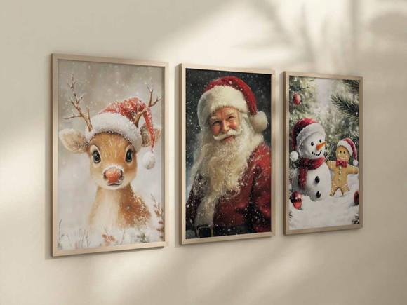 Kit 3 Quadros Decorativo Moldura Papai Noel Natal A4