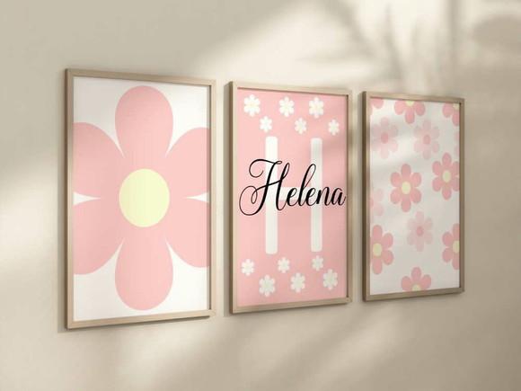 Kit 3 Quadros Decorativos Boho Flores Florido Berçário A4