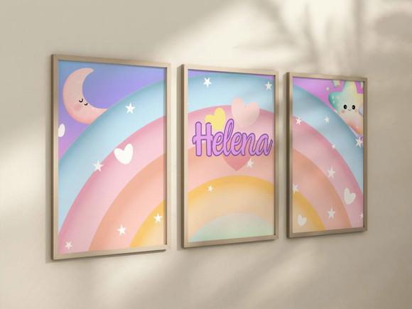 Kit 3 Quadros Boho Arco-iris Coração Infantil Decorar Nome B
