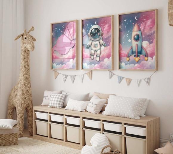 Kit 3 Quadros Decorativo Moldura Astronauta Menina A3
