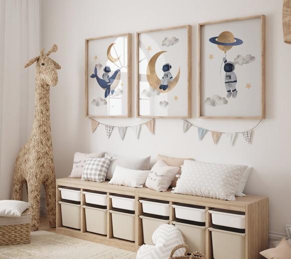 Kit 3 Quadros Decorativo Moldura Astronauta Infantil A3 c