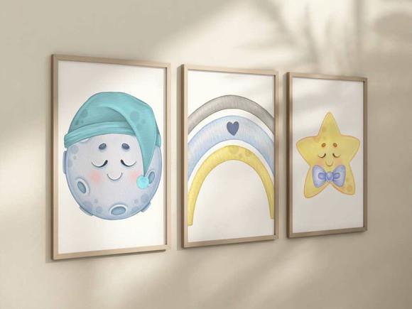 Kit 3 Quadros Boho Lua Arco Íris Estrela Infantil Menino A4
