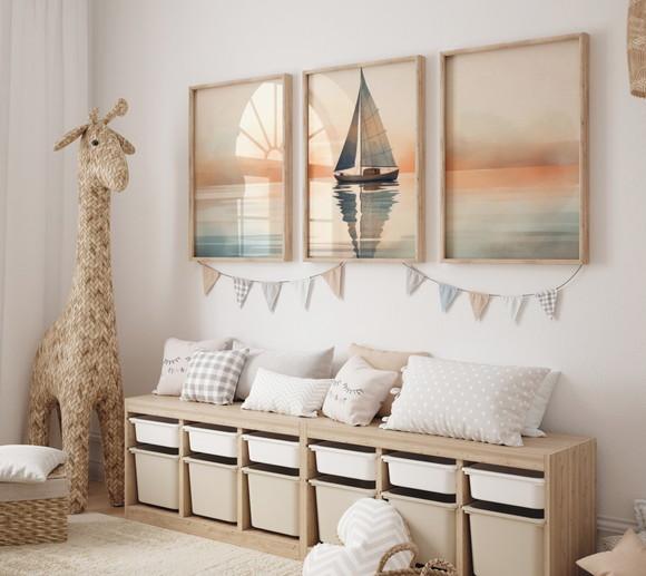 Kit 3 Quadros Decorativo Barco Mar Aquarela Decoração A3