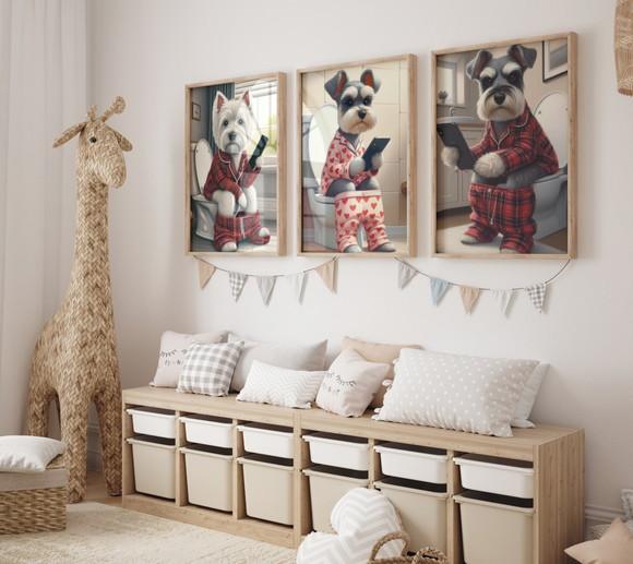 Kit 3 Quadros Decorativo Moldura Cachorro Banheiro A3 B