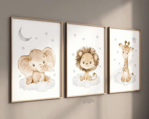 Kit 3 Quadros Decorativos Moldura Bebe Safari Animal Feliz c