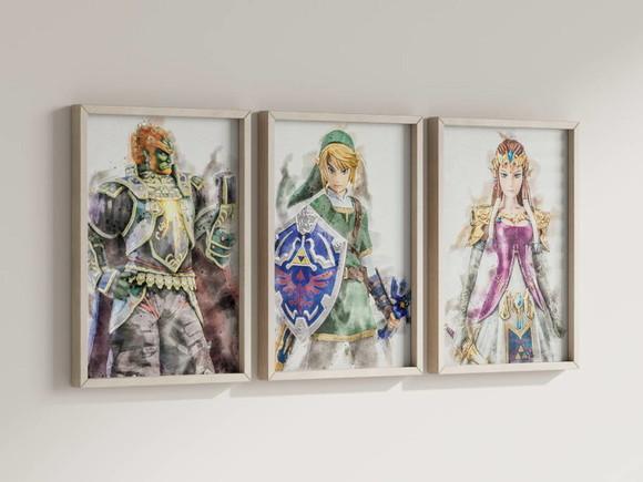 Kit 3 Quadros Decorativos Moldura Zelda Link Gamer B
