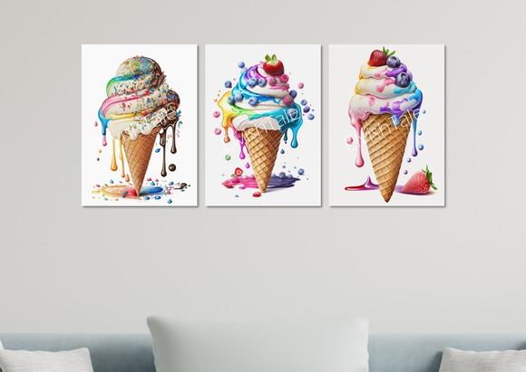 Kit 3 Placas Quadros Decorativos Sorvete Casquinha Arte D