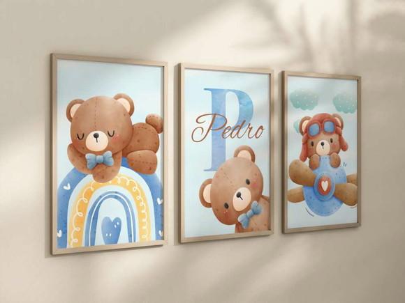 Kit 3 Quadros Decorativos Ursinho Azul Arco Íris Avião