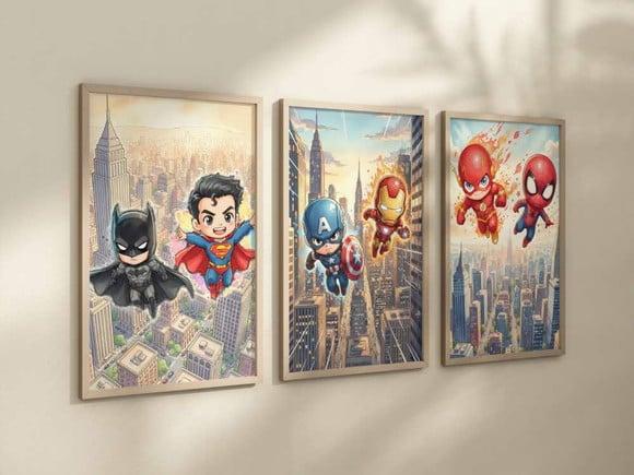 Kit 3 Quadros Decorativos Moldura Super-heróis Baby 24x34