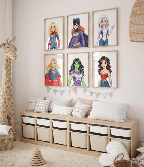 Kit 6 Quadros Decorativos Moldura Super-heroínas Menina A3