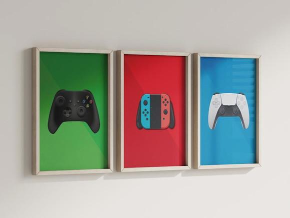 Kit 3 Quadros Decorativos Moldura Xbox Nintendo Play Control