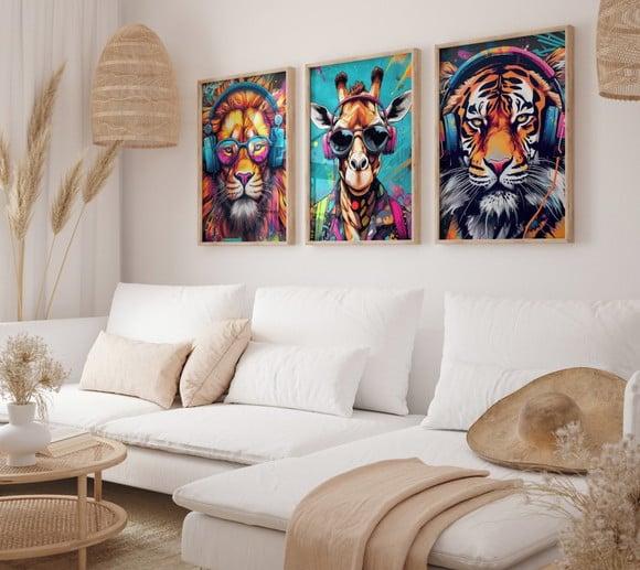 Kit 3 Quadros Decorativos Moldura Animais Arte Grafite A3
