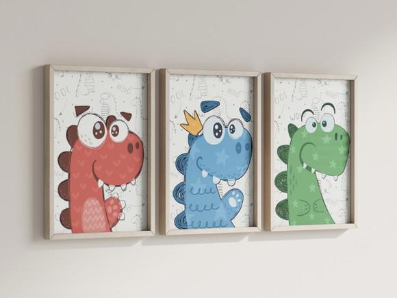 Kit 3 Quadros Decorativo Moldura Dino Baby Fofinho