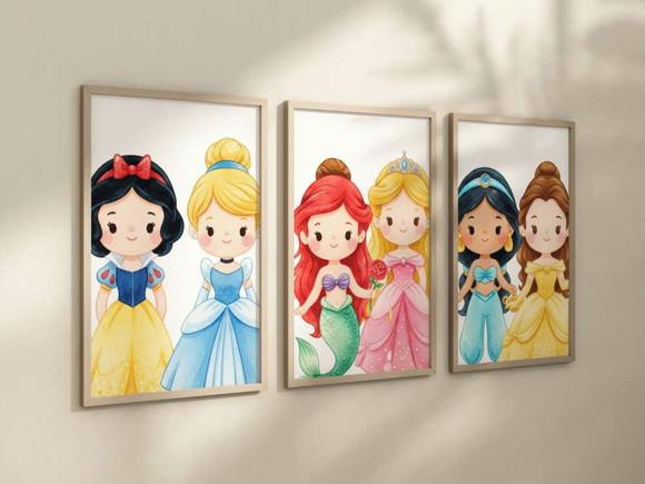 Kit 3 Quadros Decorativos Moldura Princesas Baby 24x34