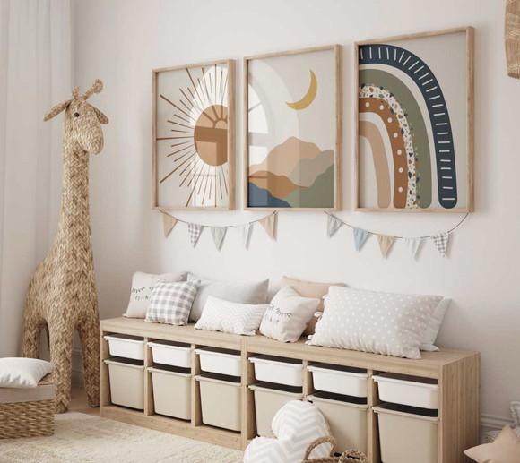 Kit 3 Quadros Decorativos Boho Sol Arco-íris Lua A3