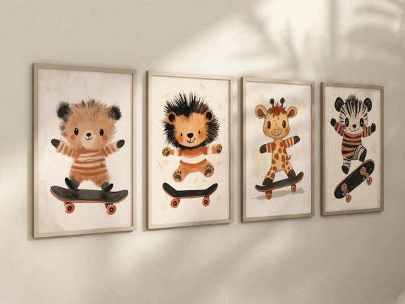 Kit 4 Quadros Decorativos Moldura Bebe Safari Skate Animal