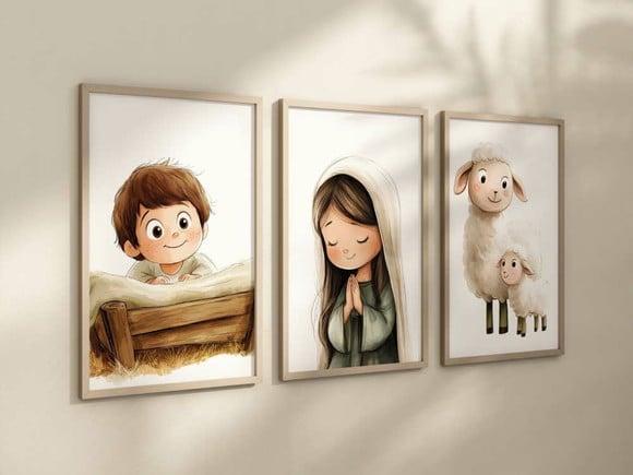 Kit 3 Quadros Decorativo Menino Jesus Virgem Maria A4 24x34