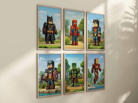 Kit 6 Quadros Decorativos Moldura Minecraft Super-heróis A4