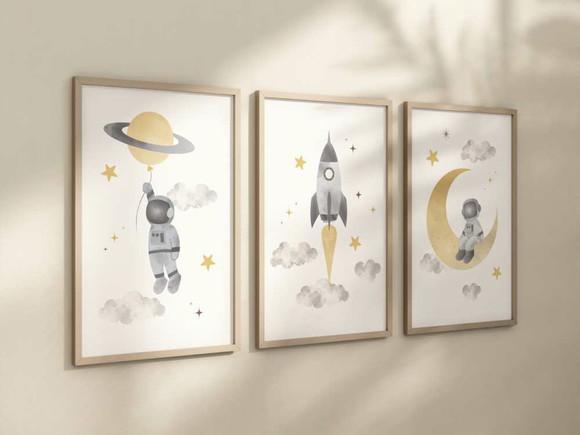 Kit 3 Quadros Decorativo Moldura Astronauta Infantil B