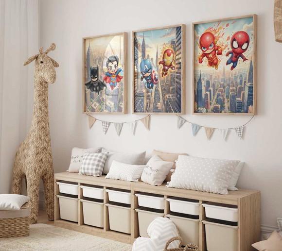 Kit 3 Quadros Decorativos Moldura Super-heróis Baby 34x44