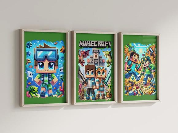 Kit 3 Quadros Decorativos Moldura Minecraft Decoração