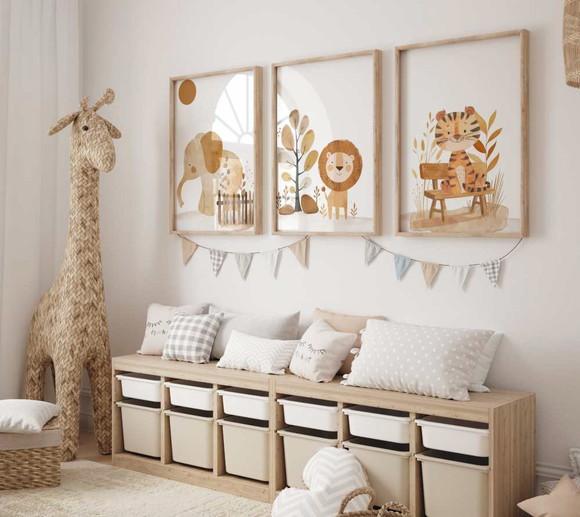 Kit 3 Quadros Decorativo Moldura Selva Safari Animais A3