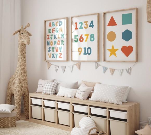 Kit 3 Quadros Decorativo Moldura Alfabeto Números Formas