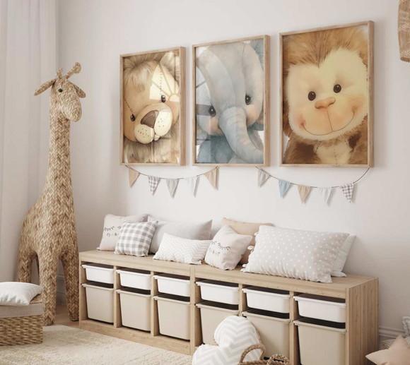 Kit 3 Quadros Decorativos Safari Pelúcia Rosto Berçário A3