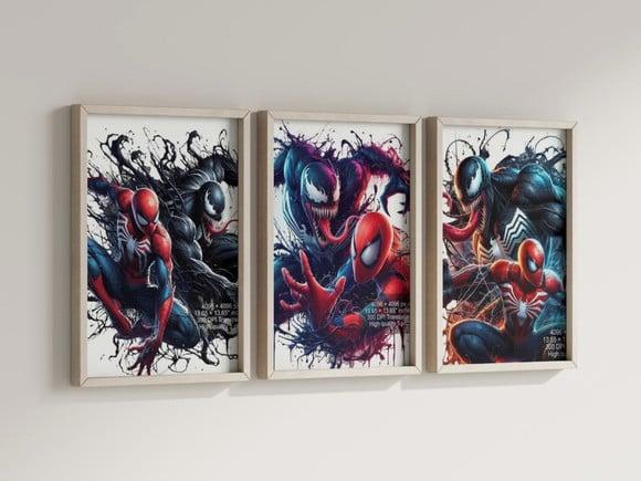 Kit 3 Quadros Decorativos Moldura Homem Aranha Venom