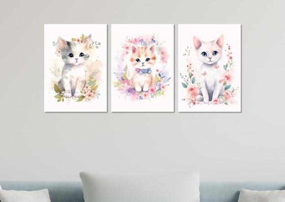 Kit 3 Placas Decorativas Quadro Gato Flor Decorar B
