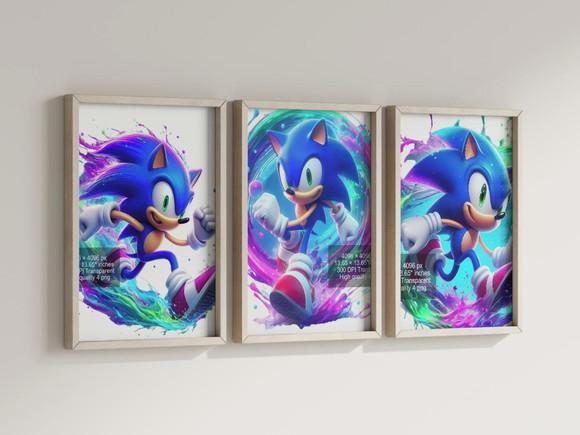 Kit 3 Quadros Decorativos Moldura Sonic Aquarela Premium