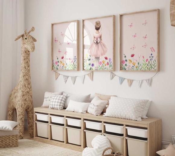 Kit 3 Quadros Decorativos com Moldura Bailarina Menina Balé