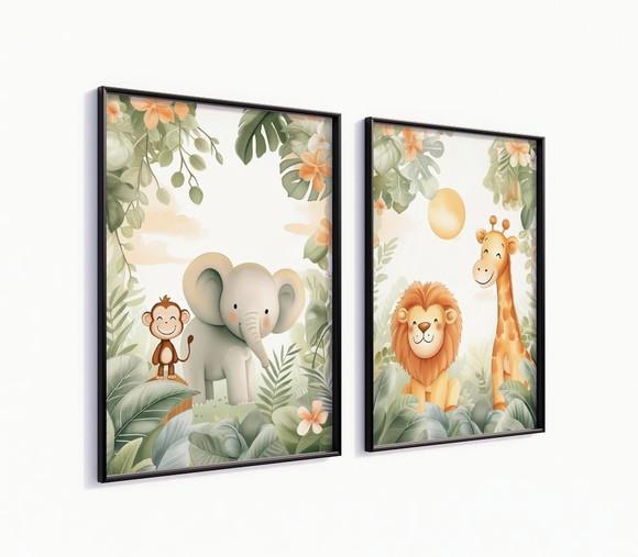 Kit 2 Quadros Decorativos Moldura Bebe Safari Animal Feliz