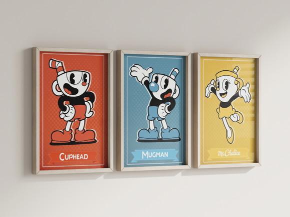Kit 3 Quadros Decorativos Moldura Cuphead Gamer