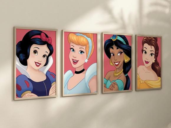 Kit 4 Quadros Decorativos Moldura Princesas A4