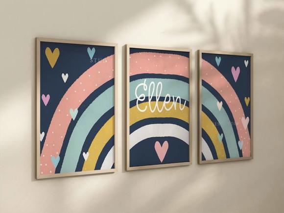 Kit 3 Quadros Boho Arco-iris Coração Infantil Decorar Nome c