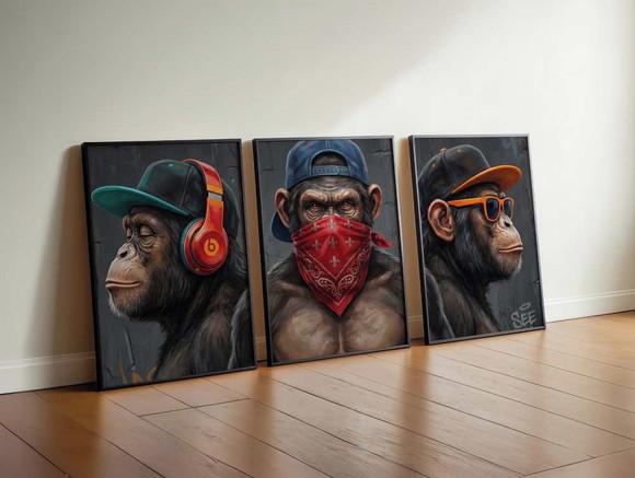 Kit 3 Quadro Decorativo Moldura 3 Macacos Sábios A3