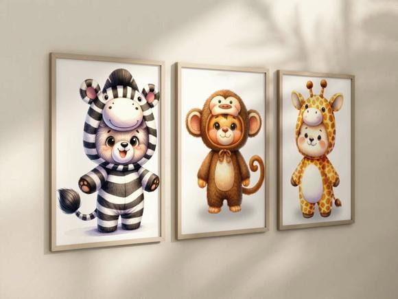 Kit 3 Quadros Decorativos Moldura Urso Fantasia Safari A4