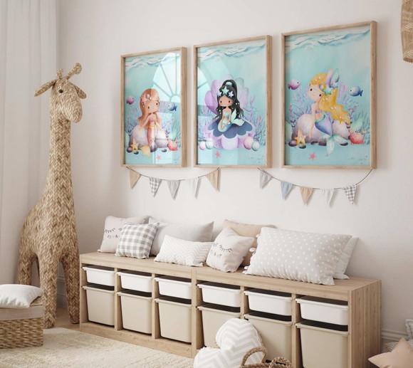 Kit 3 Quadros Decorativo Sereia Menina Infantil A3