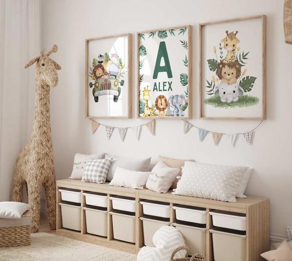Kit 3 Quadros Moldura Safari com Nome Berçário A3 34x44
