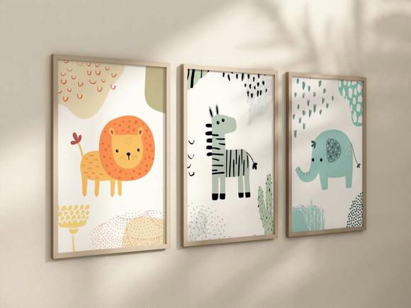 Kit 3 Quadros Decorativos Moldura Bebe Safari Berçário A4