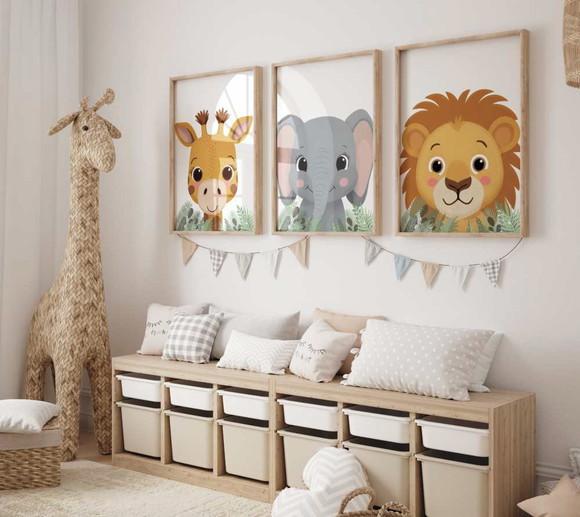 Kit 3 Quadros Moldura Bebe Safari Berçário A3 34x44