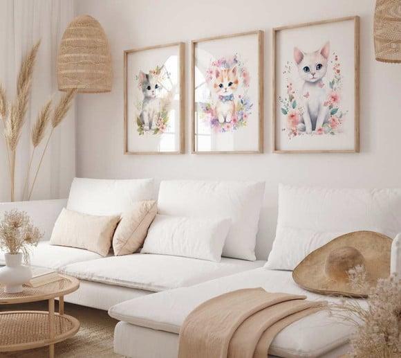 Kit 3 Quadros Decorativos Moldura Gato Flor B