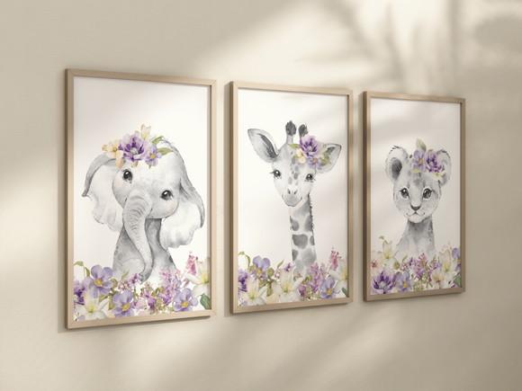 Kit 3 Quadros Decorativos Moldura Bebe Safari Menina 24x34