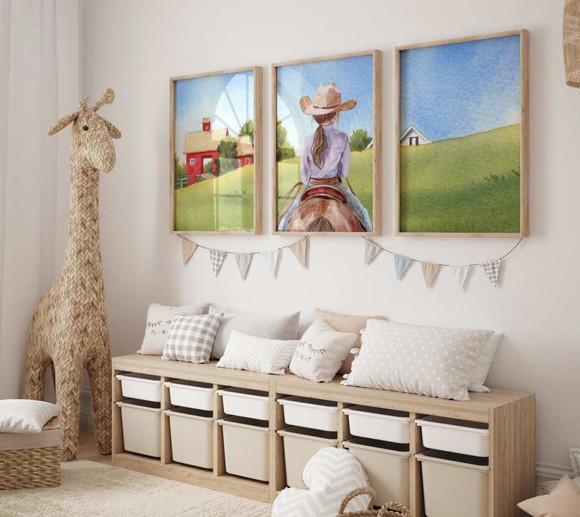 Kit 3 Quadros Decorativo Menina Aquarela Cavalo A3