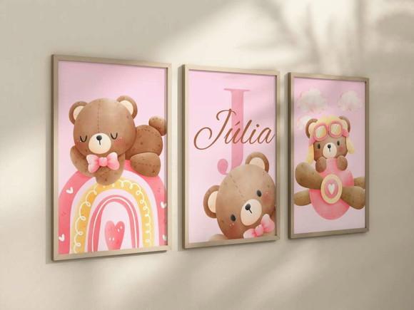 Kit 3 Quadros Decorativos Ursinha Rosa Arco Íris Avião A4