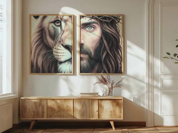 Kit 2 Quadros Decorativo Leão de Judá e Jesus Crist A2 40x60